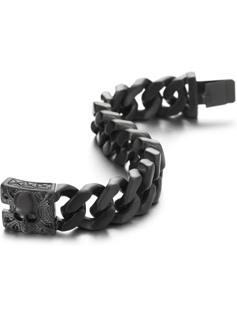 Vintage Large Curb Chain Bracelet for Men, Brushed Steel, Fleur De Lis & Skull